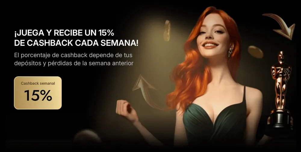 Banner promocional de reembolso semanal del 15% de Oscar Spin con estatua de Oscar